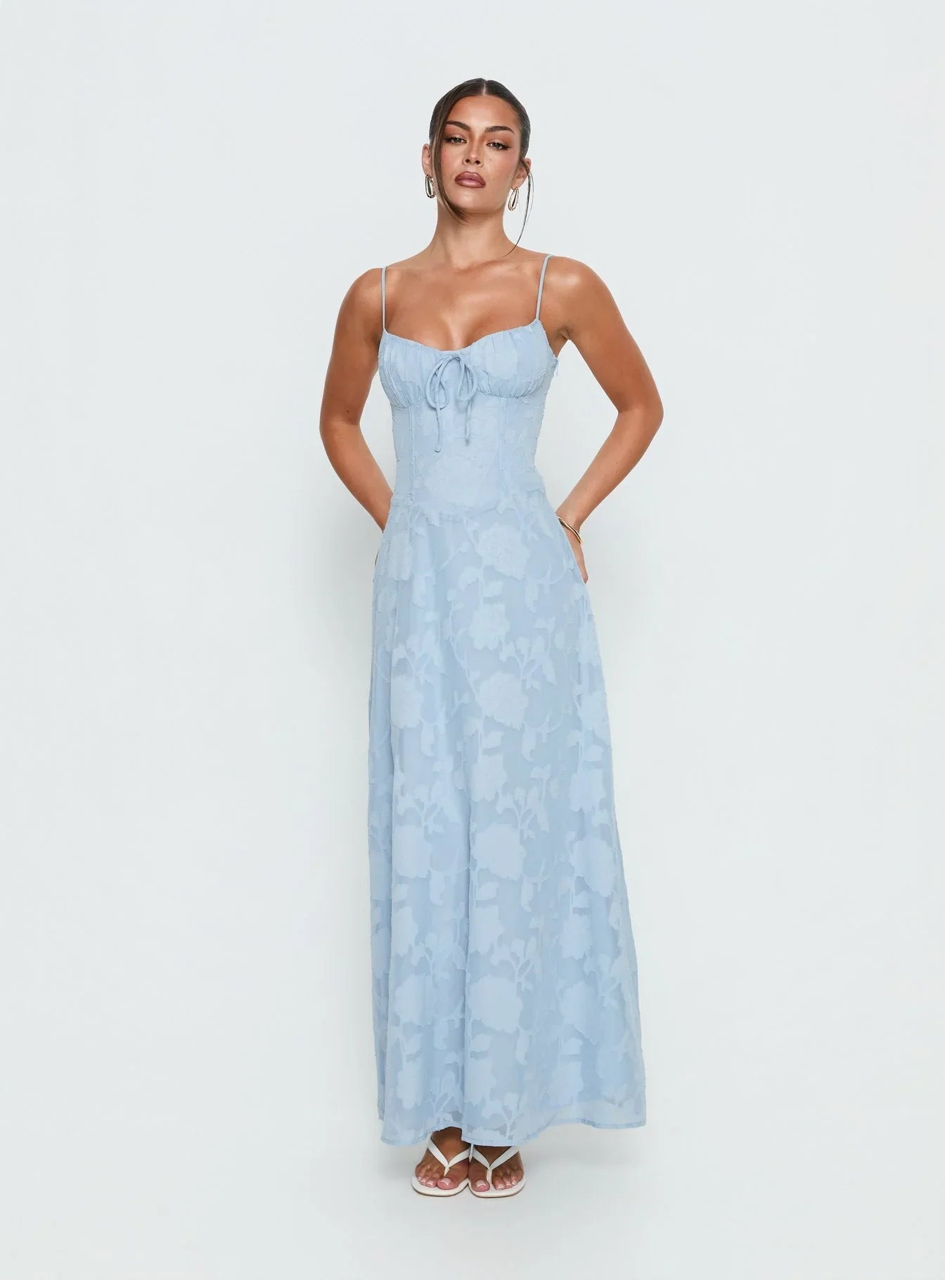 Light Blue Floral Jacquard Prom Dress with Spaghetti Straps and Lace Up Corset Back for Formal Events and Prom Nights