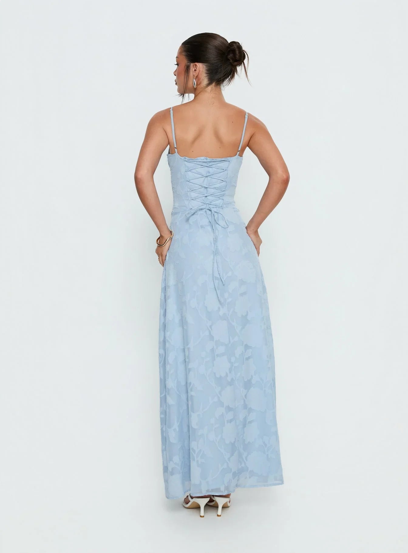 Light Blue Floral Jacquard Prom Dress with Spaghetti Straps and Lace Up Corset Back for Formal Events and Prom Nights