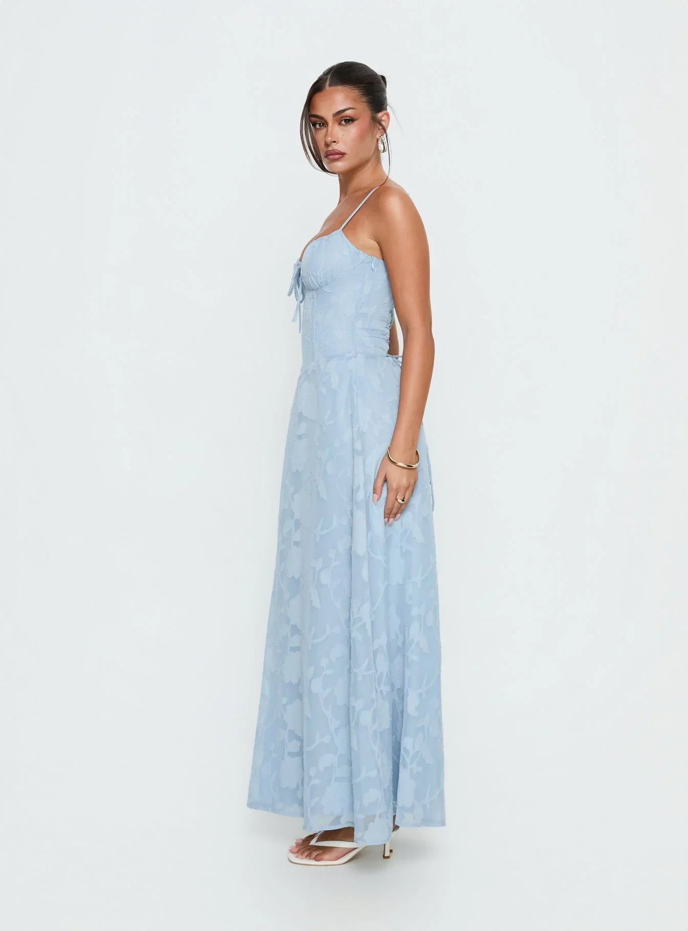 Light Blue Floral Jacquard Prom Dress with Spaghetti Straps and Lace Up Corset Back for Formal Events and Prom Nights