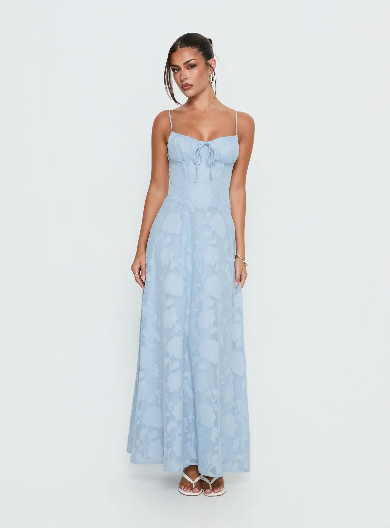 Light Blue Floral Jacquard Prom Dress with Spaghetti Straps and Lace Up Corset Back for Formal Events and Prom Nights