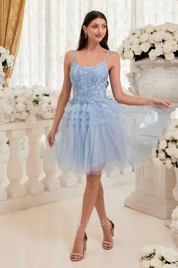 Light Blue Floral Lace Trim Spaghetti Strap Back Zipper Multi Layer Pleated Tulle Skater Homecoming Mini Dress 