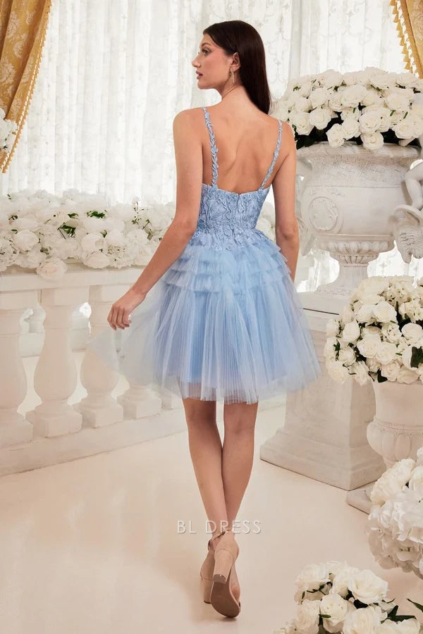 Light Blue Floral Lace Trim Spaghetti Strap Back Zipper Multi Layer Pleated Tulle Skater Homecoming Mini Dress 