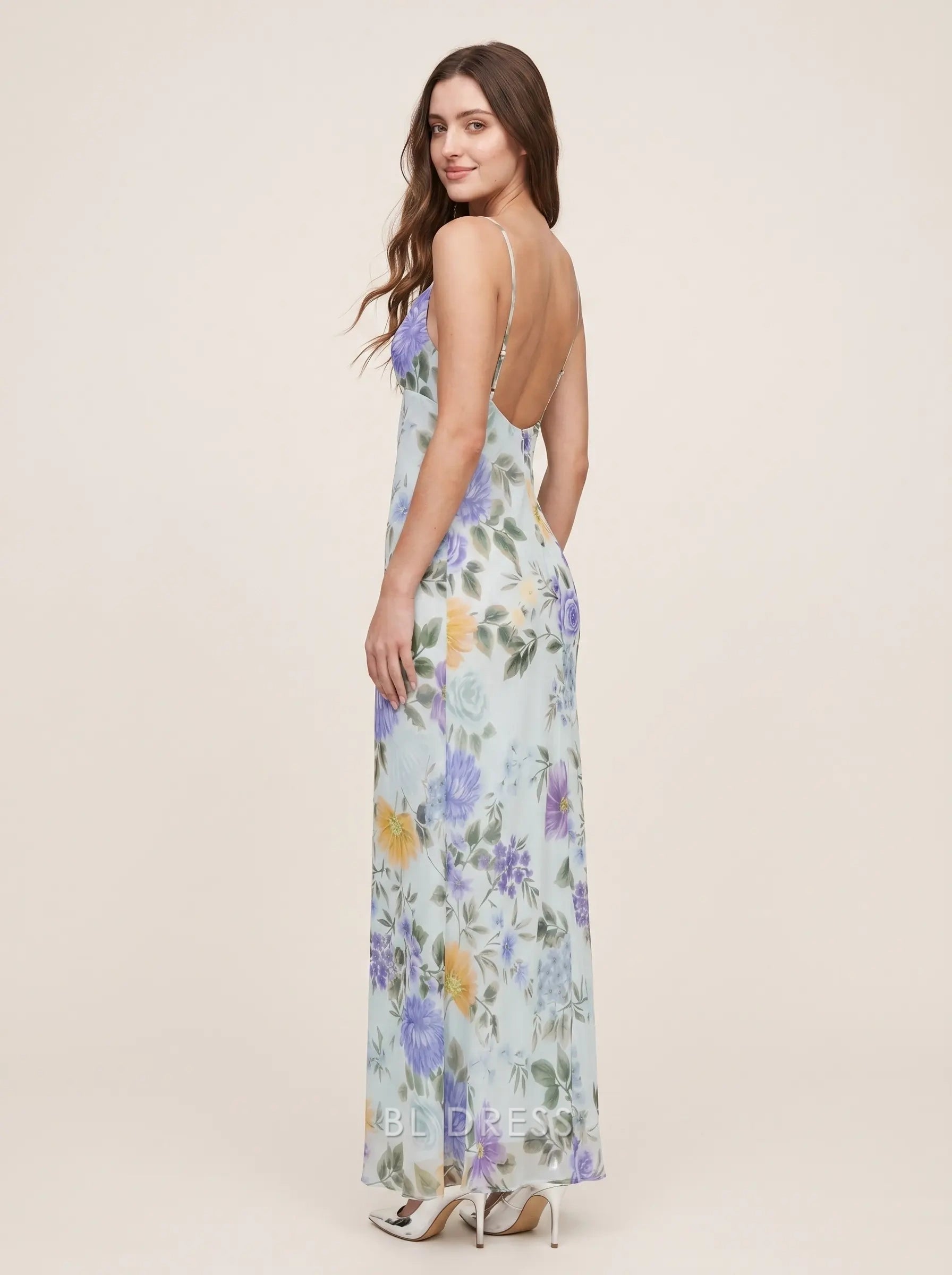 Light Blue Floral Print Cowl Neck Spaghetti Strap Low Back Chiffon Floor Length Formal Evening Prom Dress