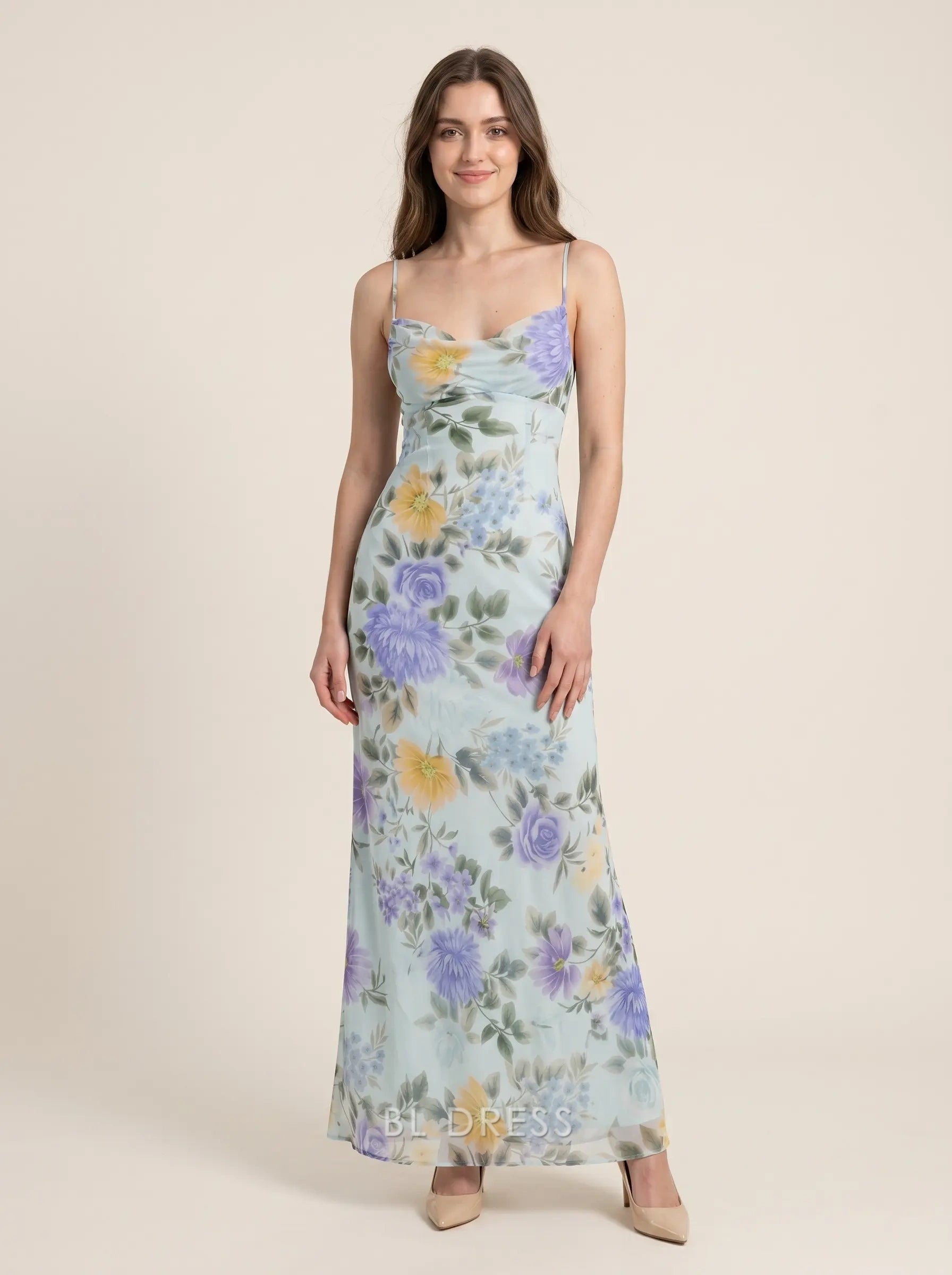Light Blue Floral Print Cowl Neck Spaghetti Strap Low Back Chiffon Floor Length Formal Evening Prom Dress