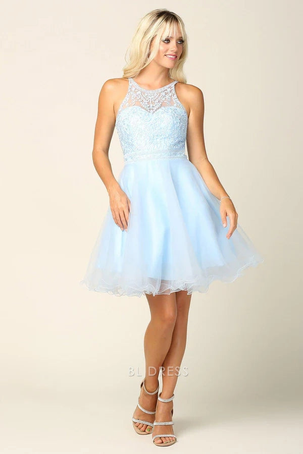 Light Blue Halter Floral Lace Crisscross Lace-Up Back Ruffled Tulle A-Line Mini Homecoming Dress