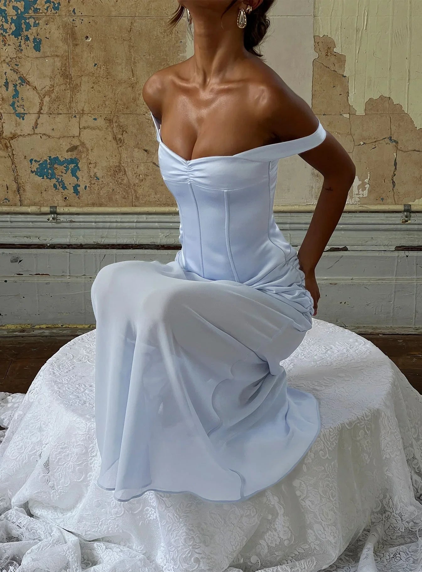 Light Blue Off Shoulder Prom Dress with Corset Lace Up Back and Layered Skirt for Formal Events and Prom Nights