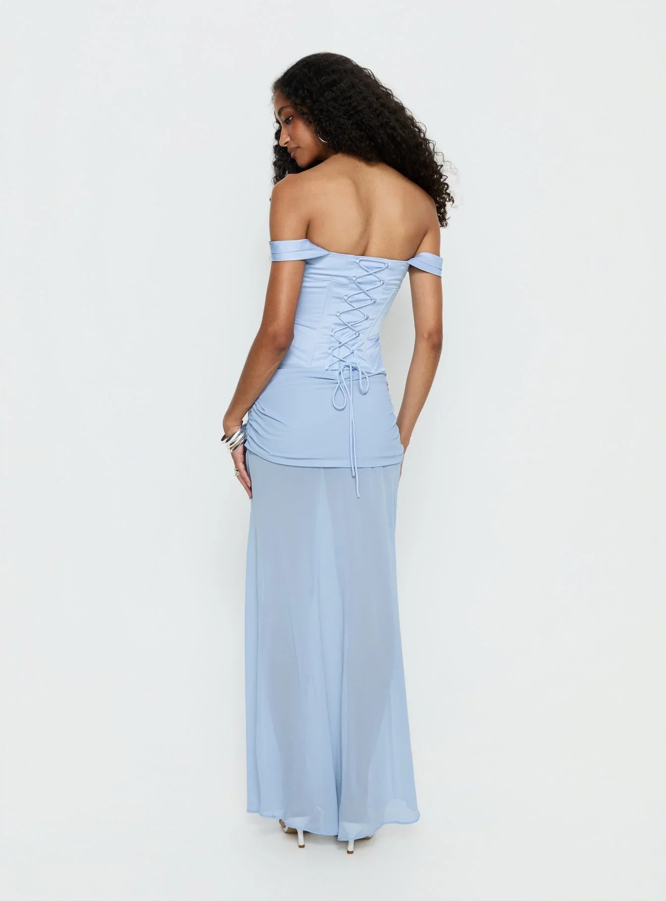 Light Blue Off Shoulder Prom Dress with Corset Lace Up Back and Layered Skirt for Formal Events and Prom Nights