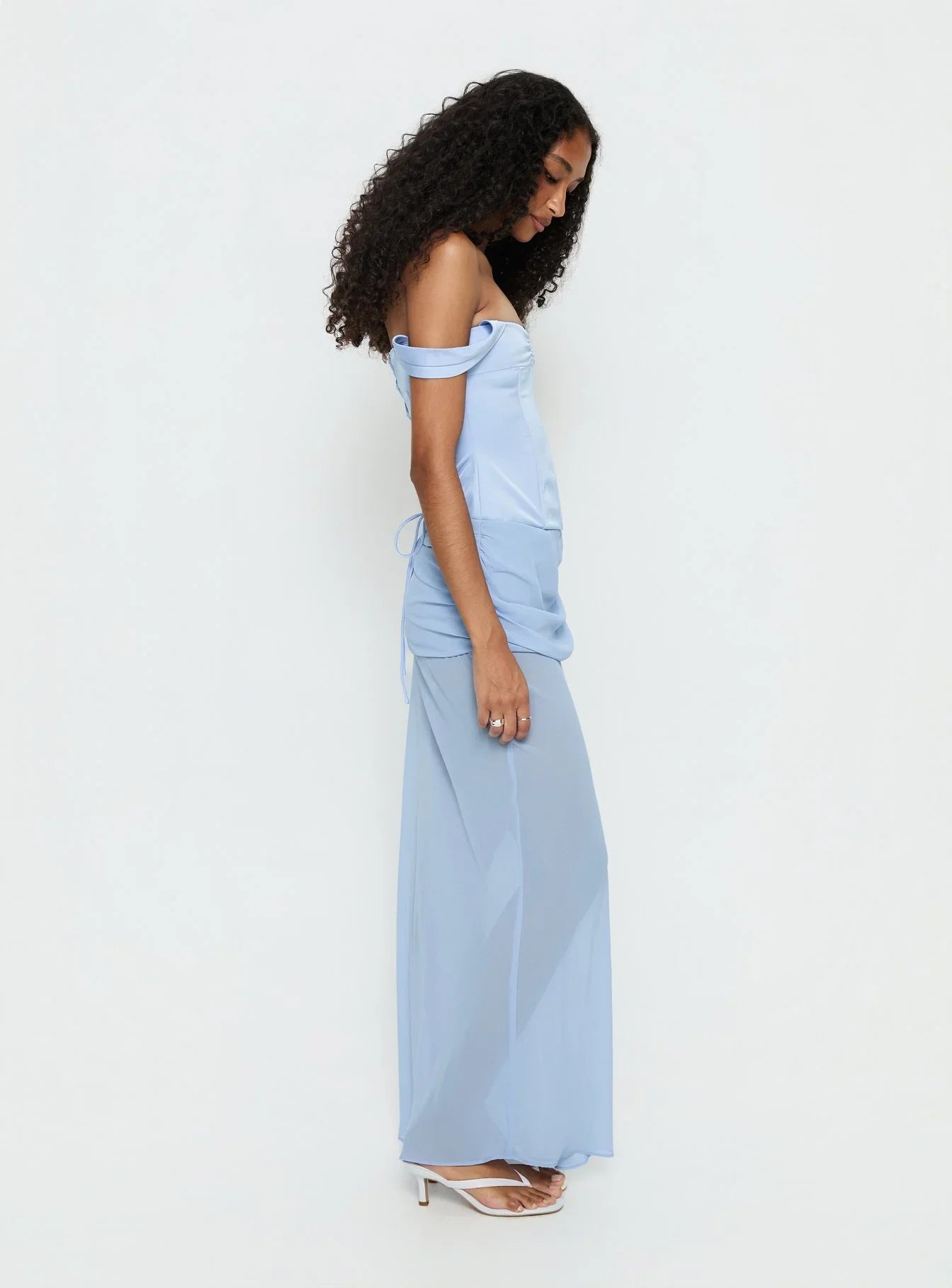Light Blue Off Shoulder Prom Dress with Corset Lace Up Back and Layered Skirt for Formal Events and Prom Nights