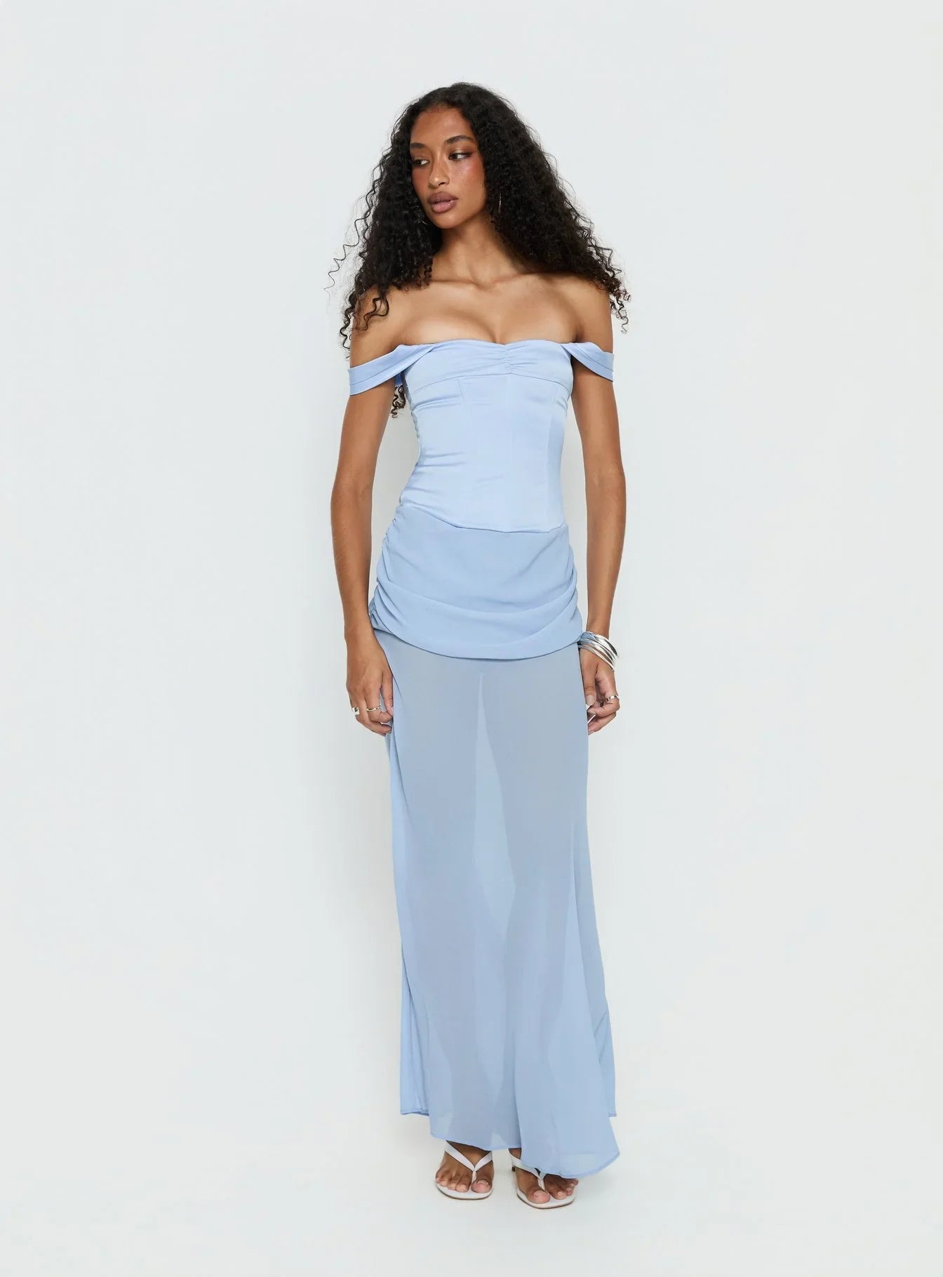 Light Blue Off Shoulder Prom Dress with Corset Lace Up Back and Layered Skirt for Formal Events and Prom Nights