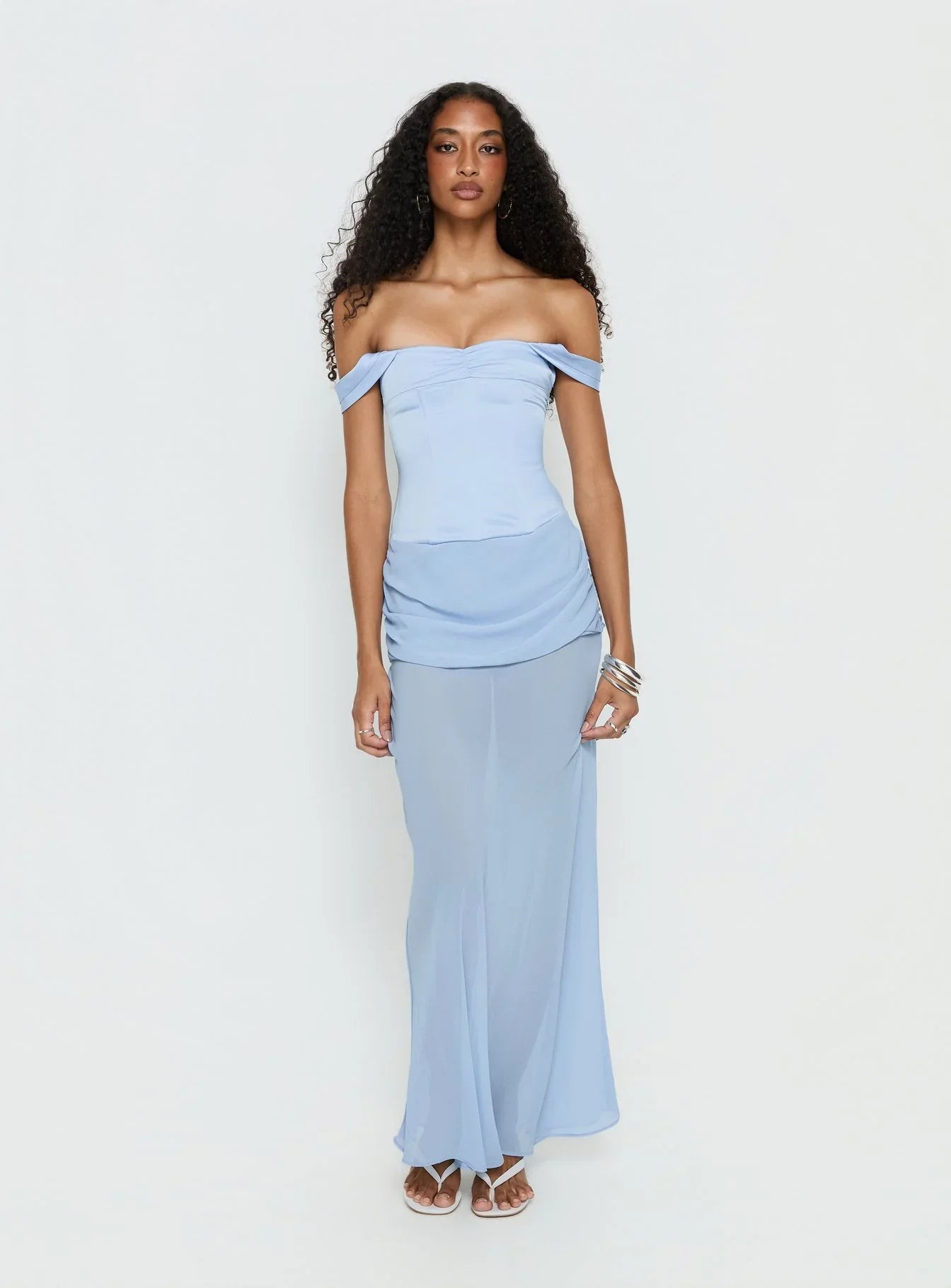 Light Blue Off Shoulder Prom Dress with Corset Lace Up Back and Layered Skirt for Formal Events and Prom Nights
