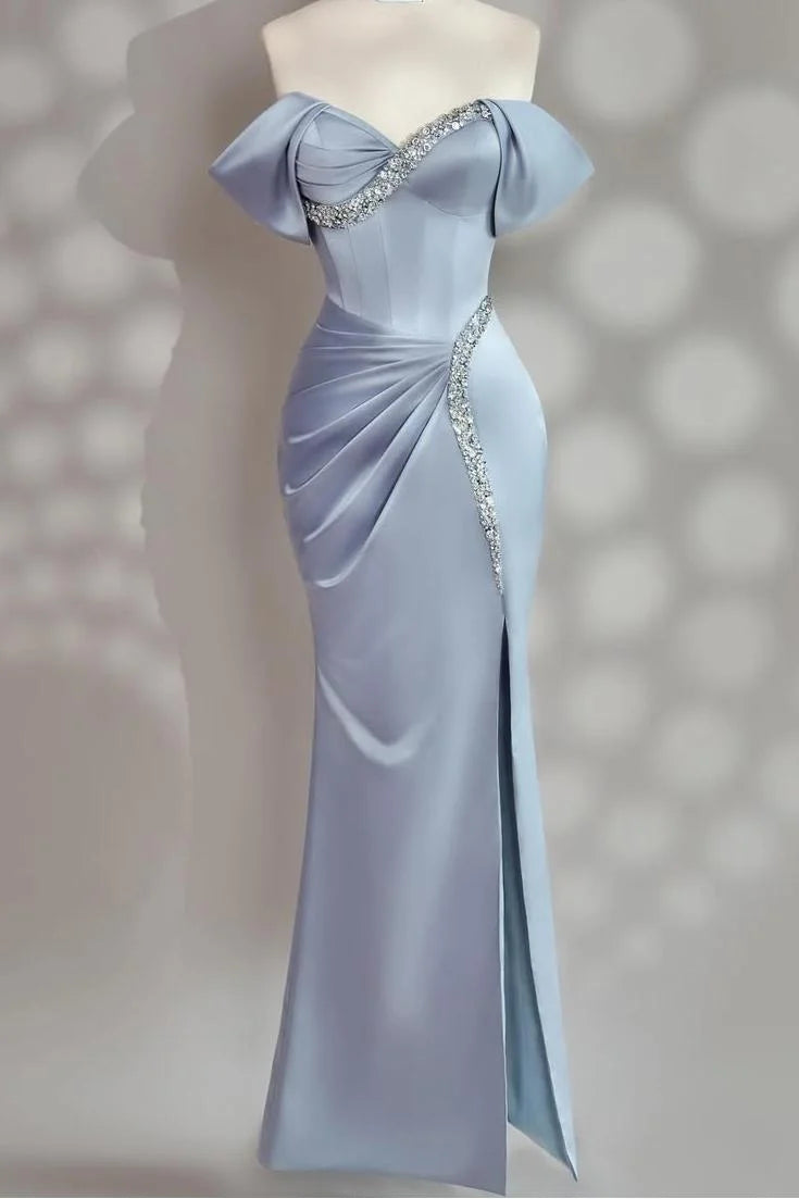 Light Blue Off The Shoulder Beaded Trim Corset Satin Draped Slit Mermaid Long Formal Evening Prom Dress