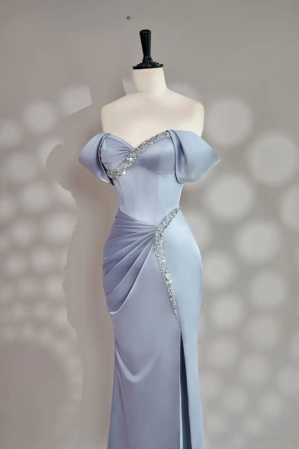 Light Blue Off The Shoulder Beaded Trim Corset Satin Draped Slit Mermaid Long Formal Evening Prom Dress