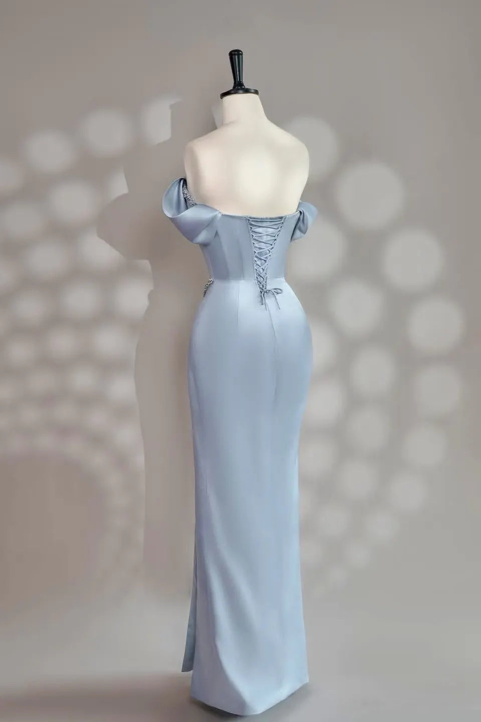 Light Blue Off The Shoulder Beaded Trim Corset Satin Draped Slit Mermaid Long Formal Evening Prom Dress