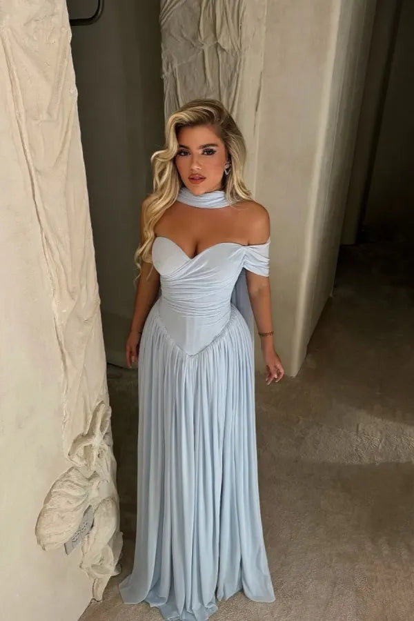 Light Blue Off The Shoulder Choker Ruched Bodice Flowy Chiffon A Line Long Formal Evening Prom Dress