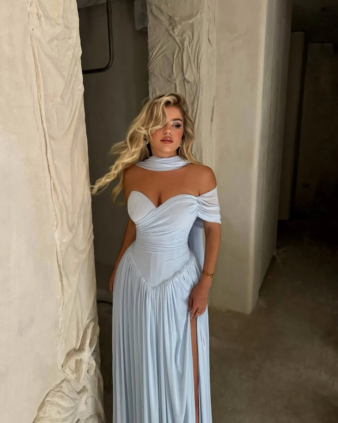 Light Blue Off The Shoulder Choker Ruched Bodice Flowy Chiffon A Line Long Formal Evening Prom Dress