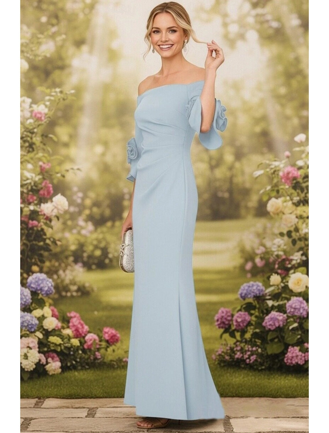 Light Blue Off The Shoulder Mermaid Gown With Ruffled Cuff Sleeves Prom Dress