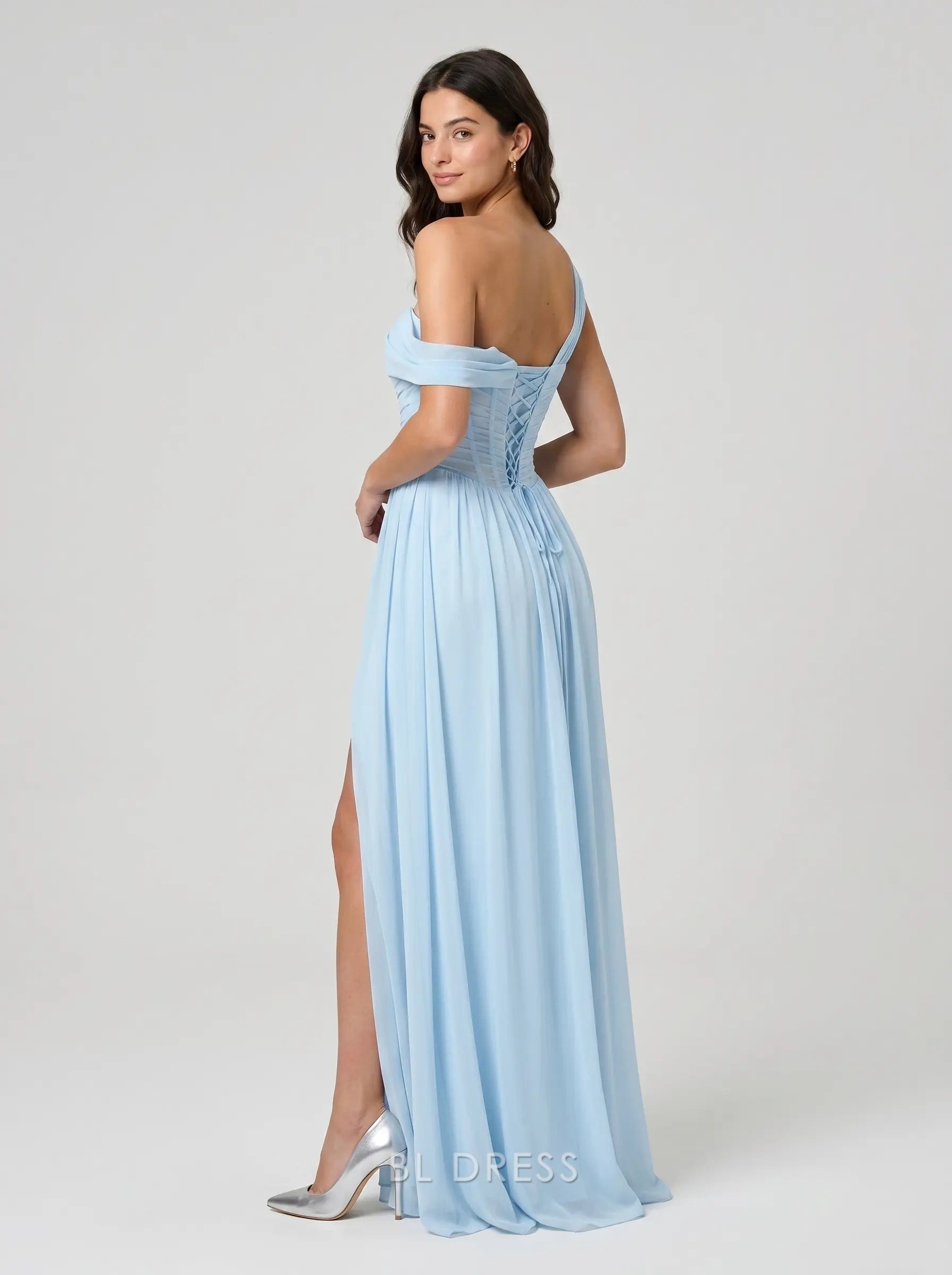 Light Blue One-Shoulder Draped Chiffon Sheer Grid Corset Lace-Up Back Formal Evening Prom Dress With Slit