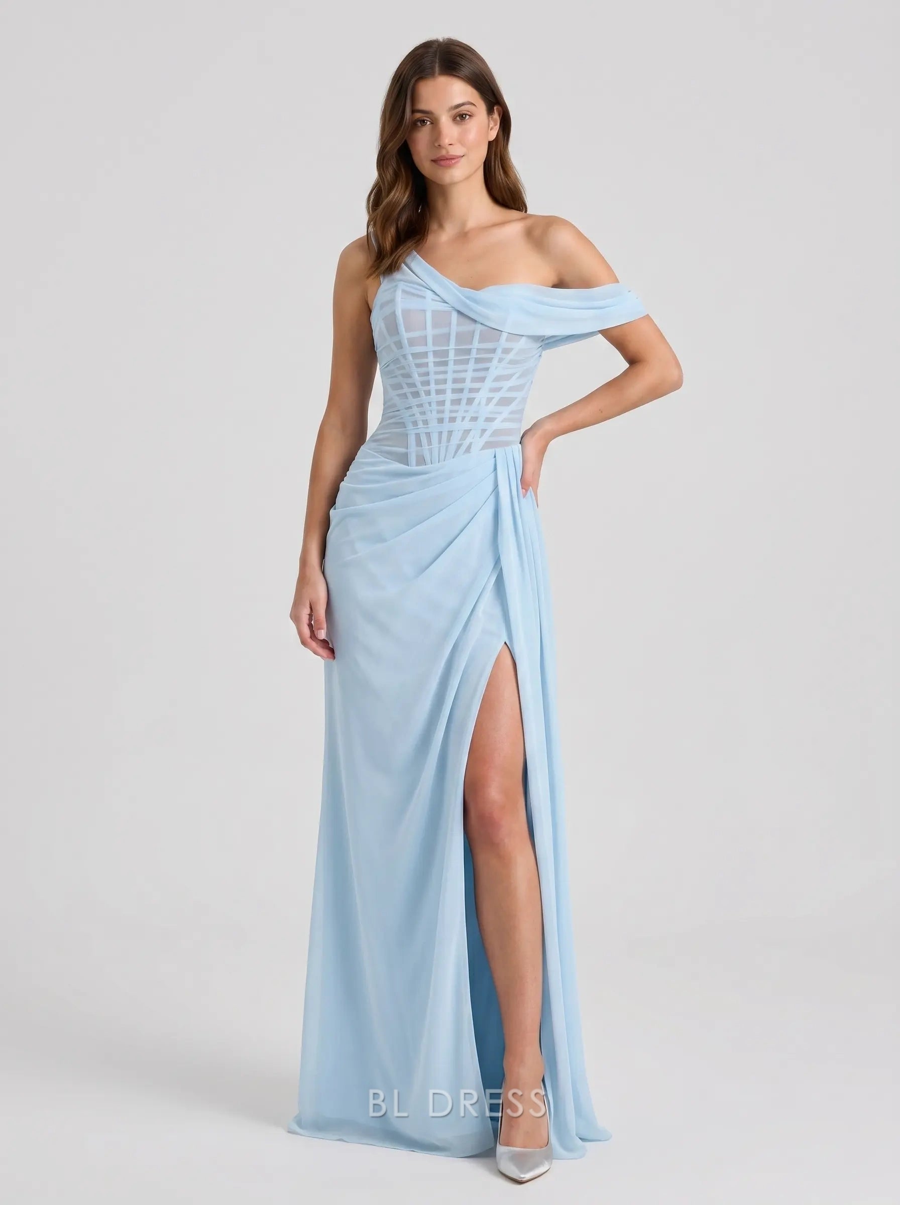 Light Blue One-Shoulder Draped Chiffon Sheer Grid Corset Lace-Up Back Formal Evening Prom Dress With Slit