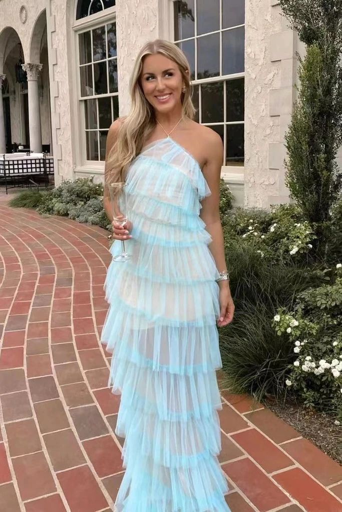 Light Blue One Shoulder Tiered Tulle Prom Dress for Formal Events and Prom Nights