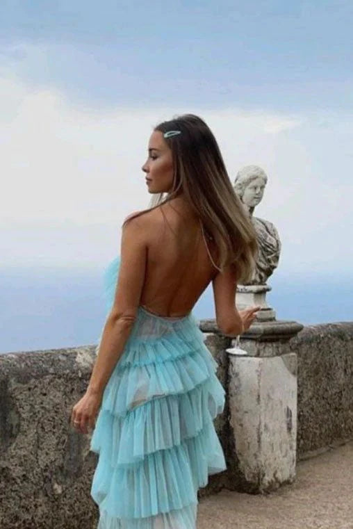 Light Blue One Shoulder Tiered Tulle Prom Dress for Formal Events and Prom Nights