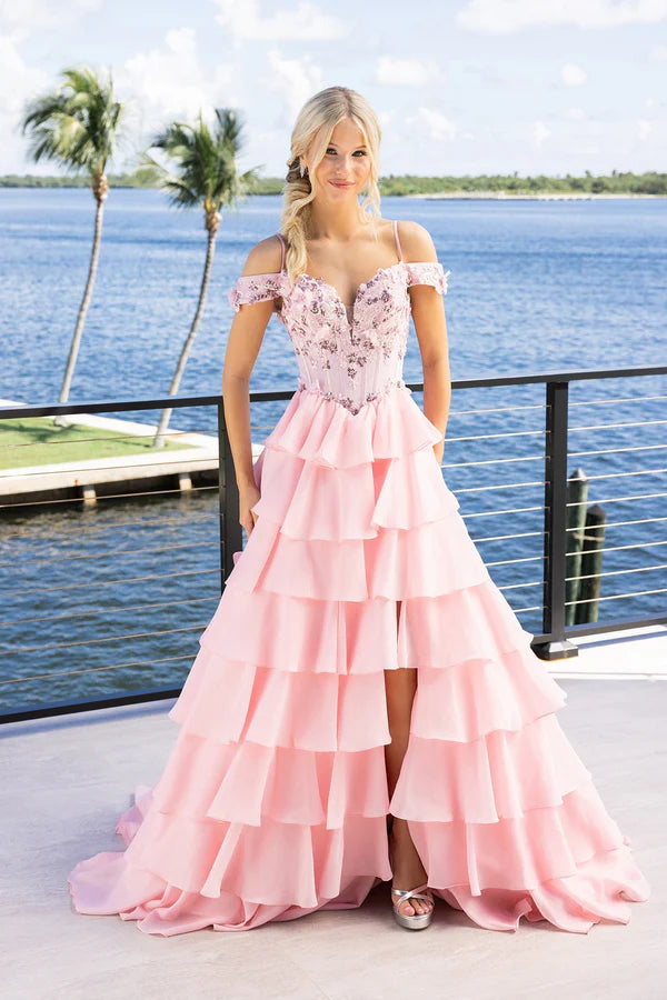 Light Blue Pink Floral Applique Off The Shoulder Tiered Ruffle Chiffon Slit Floor Length Formal Evening Prom Dress