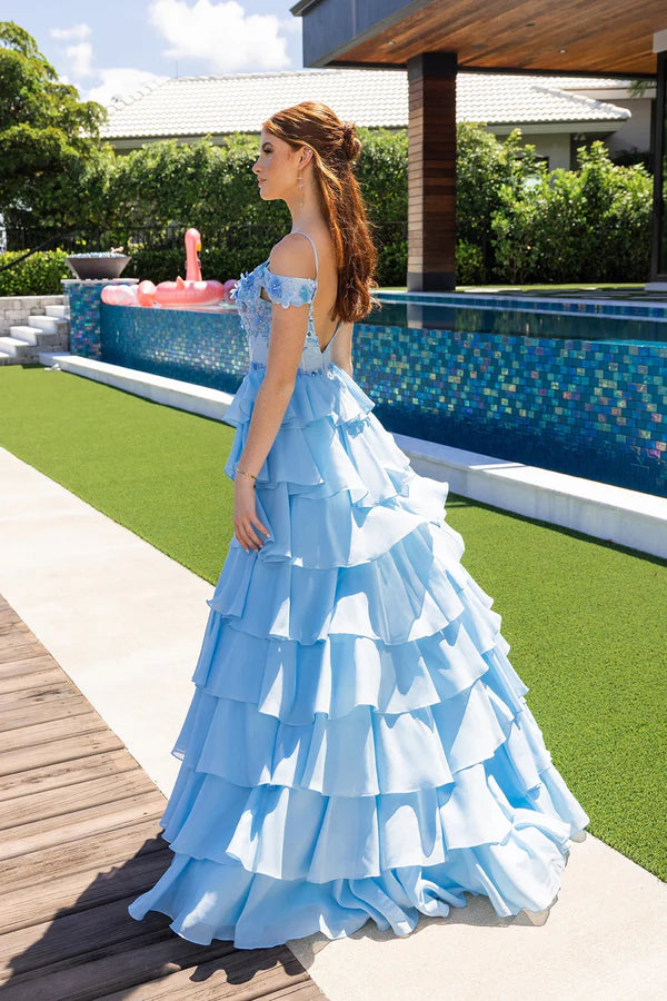 Light Blue Pink Floral Applique Off The Shoulder Tiered Ruffle Chiffon Slit Floor Length Formal Evening Prom Dress