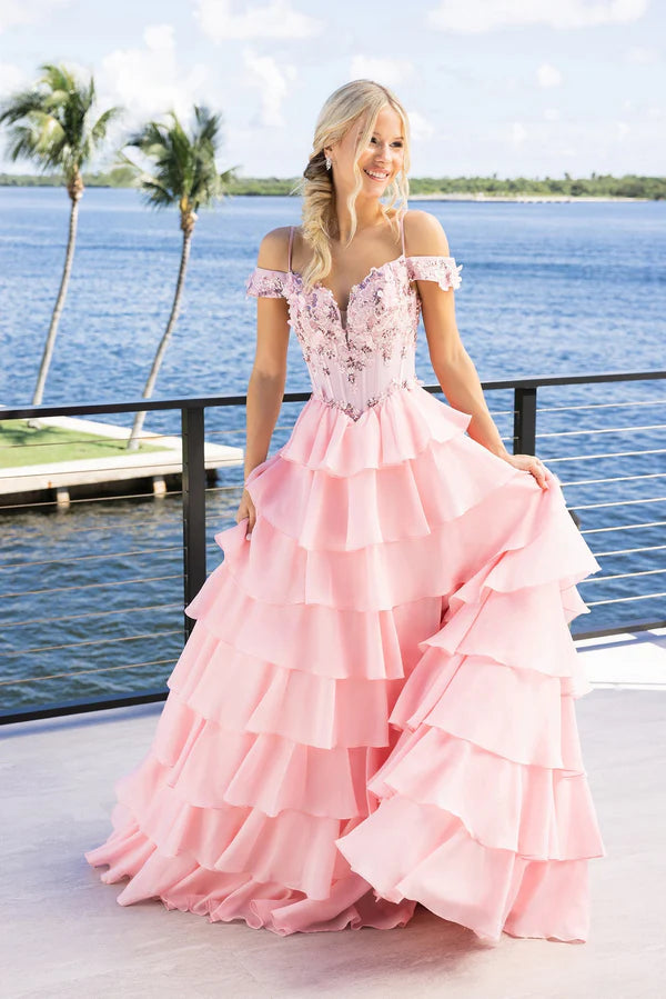 Light Blue Pink Floral Applique Off The Shoulder Tiered Ruffle Chiffon Slit Floor Length Formal Evening Prom Dress