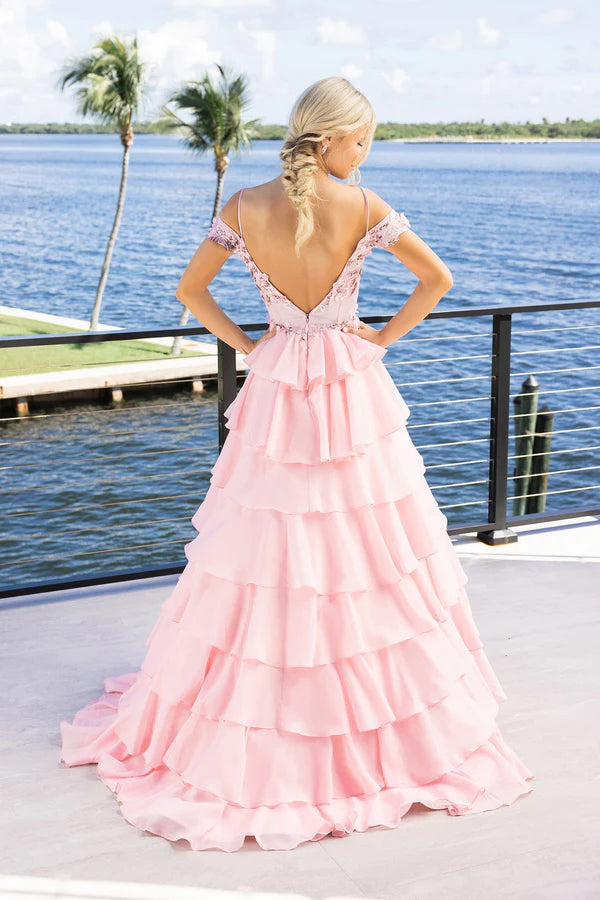 Light Blue Pink Floral Applique Off The Shoulder Tiered Ruffle Chiffon Slit Floor Length Formal Evening Prom Dress