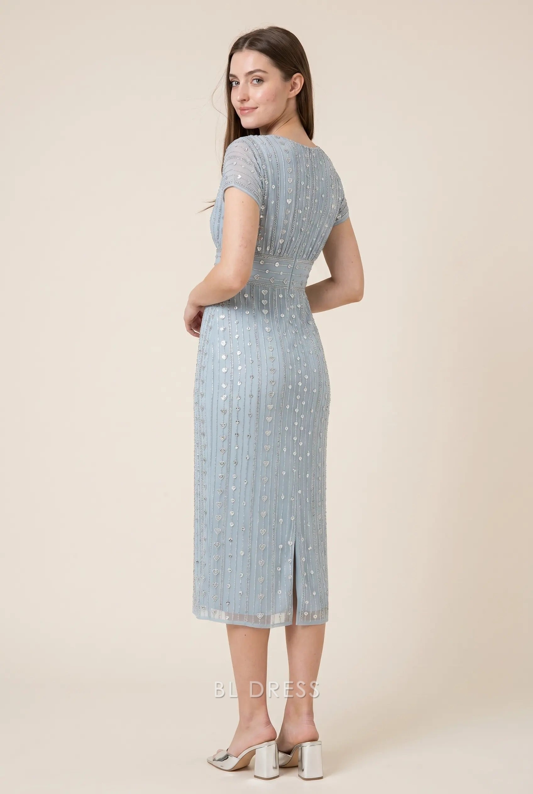 Light Blue Round Neck Short Sleeve Sequin Beaded Embellished Mesh Midi Formal Evening Prom Dress