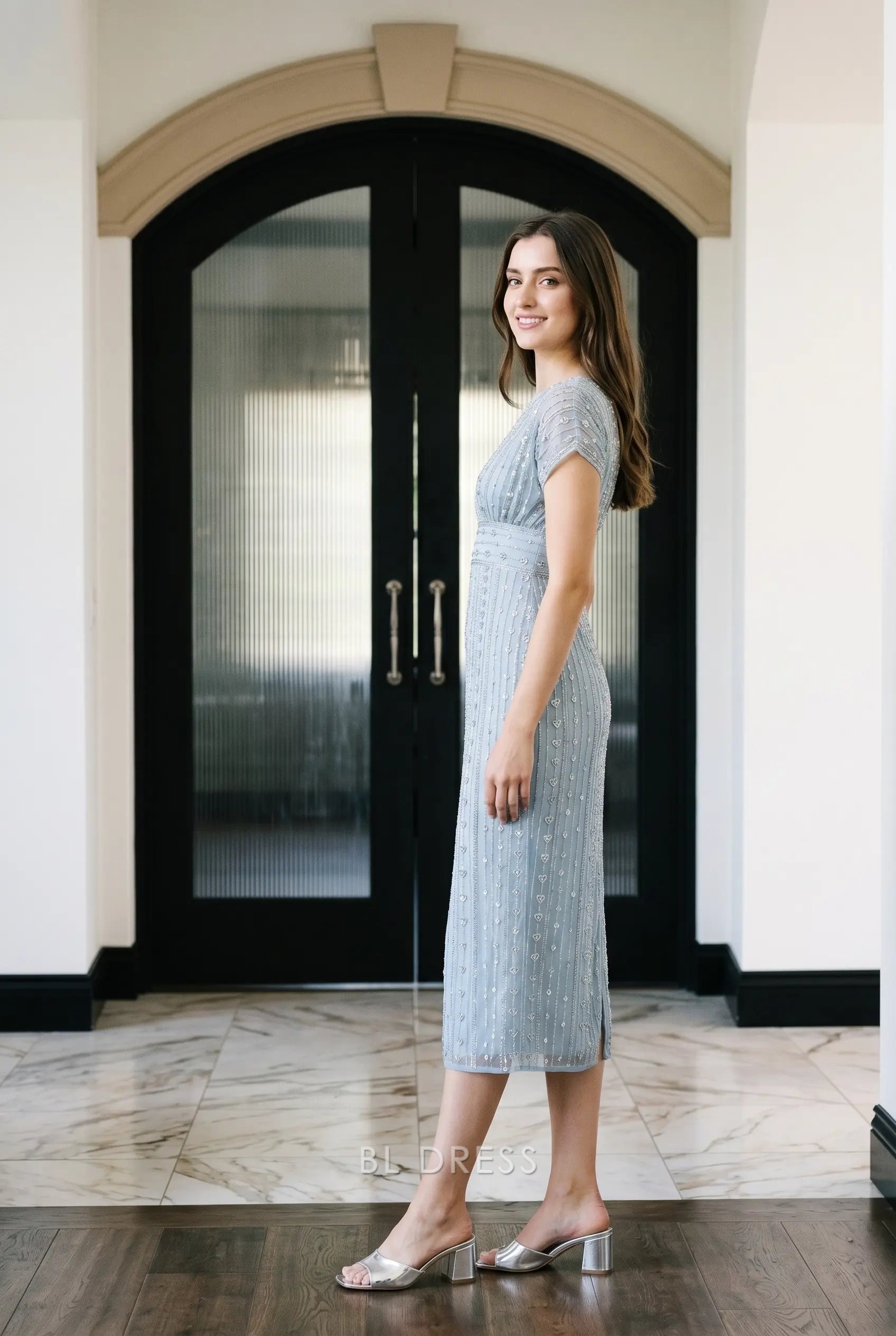Light Blue Round Neck Short Sleeve Sequin Beaded Embellished Mesh Midi Formal Evening Prom Dress