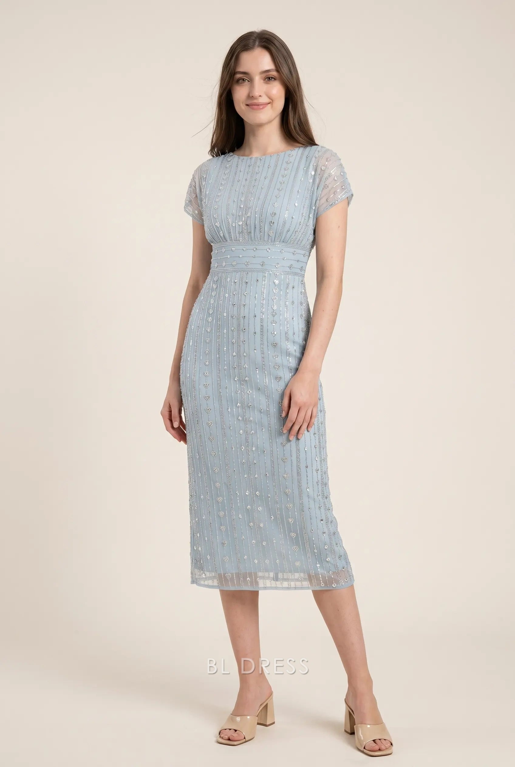 Light Blue Round Neck Short Sleeve Sequin Beaded Embellished Mesh Midi Formal Evening Prom Dress