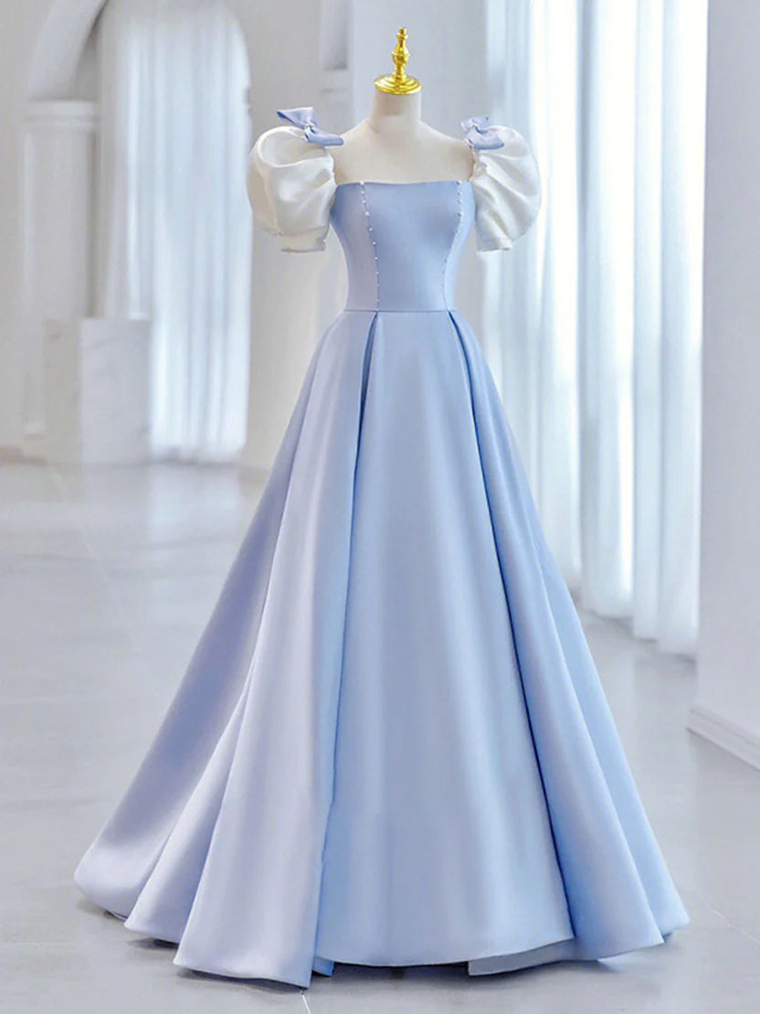Light Blue Satin A-Line Square Neck Puff Sleeve Corset Back Floor Length Prom Dress