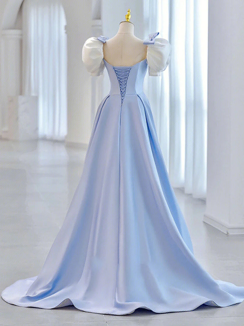 Light Blue Satin A-Line Square Neck Puff Sleeve Corset Back Floor Length Prom Dress