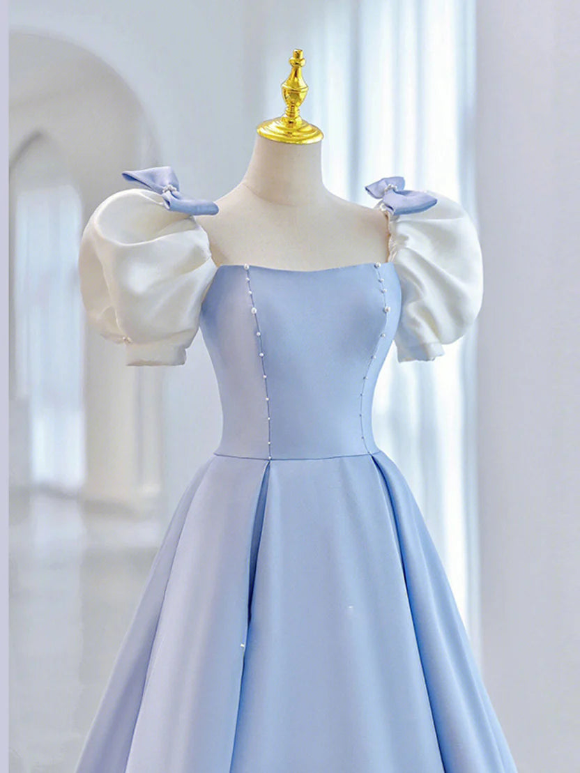 Light Blue Satin A-Line Square Neck Puff Sleeve Corset Back Floor Length Prom Dress