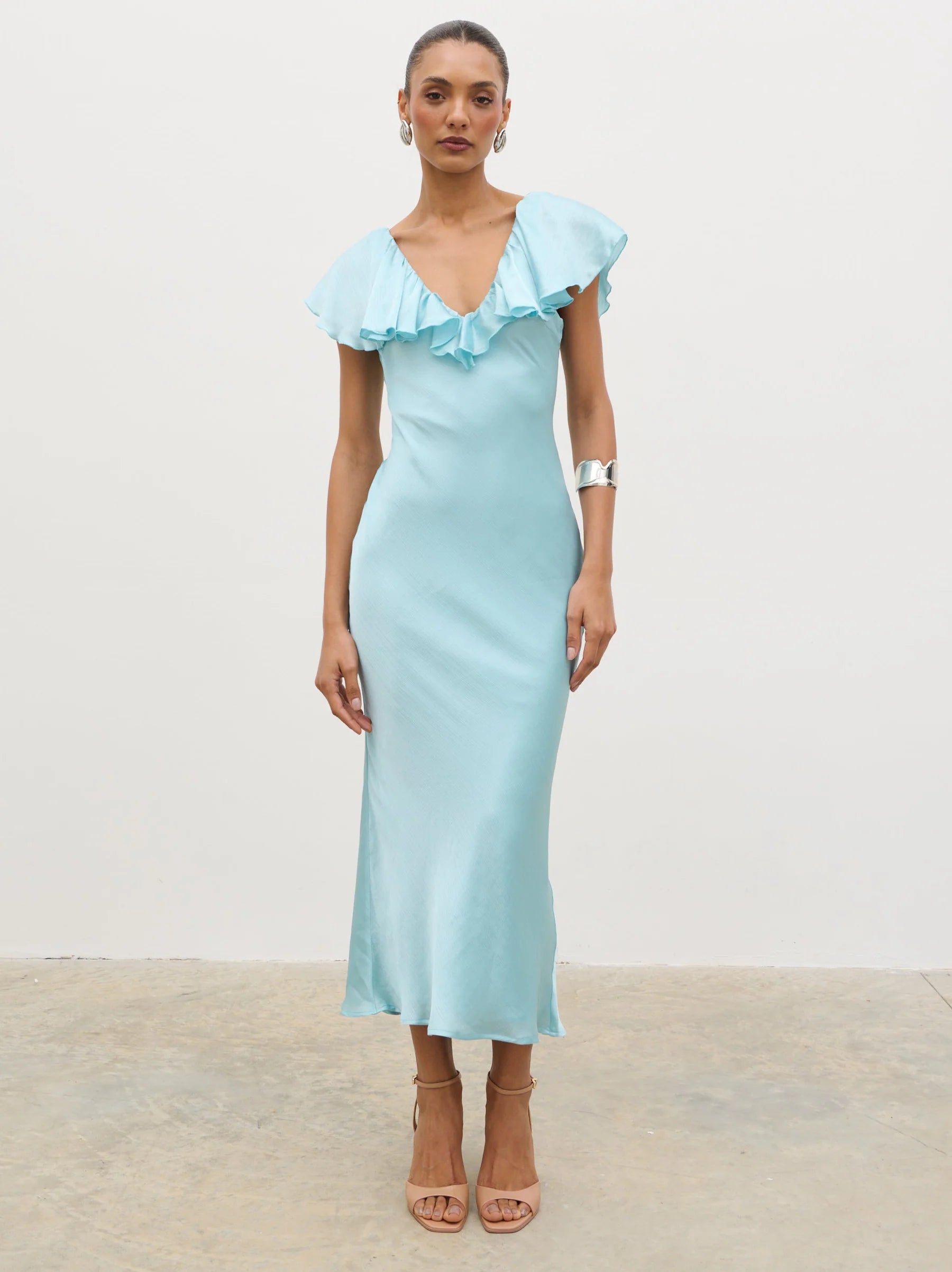 Light Blue Satin Midi Prom Dress with Ruffled V Neckline and Fitted Silhouette for Formal Events and Bridal Occasions