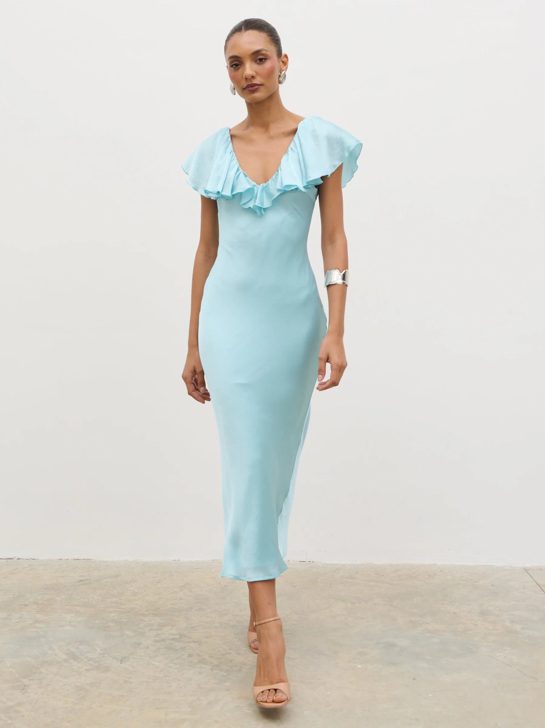 Light Blue Satin Midi Prom Dress with Ruffled V Neckline and Fitted Silhouette for Formal Events and Bridal Occasions