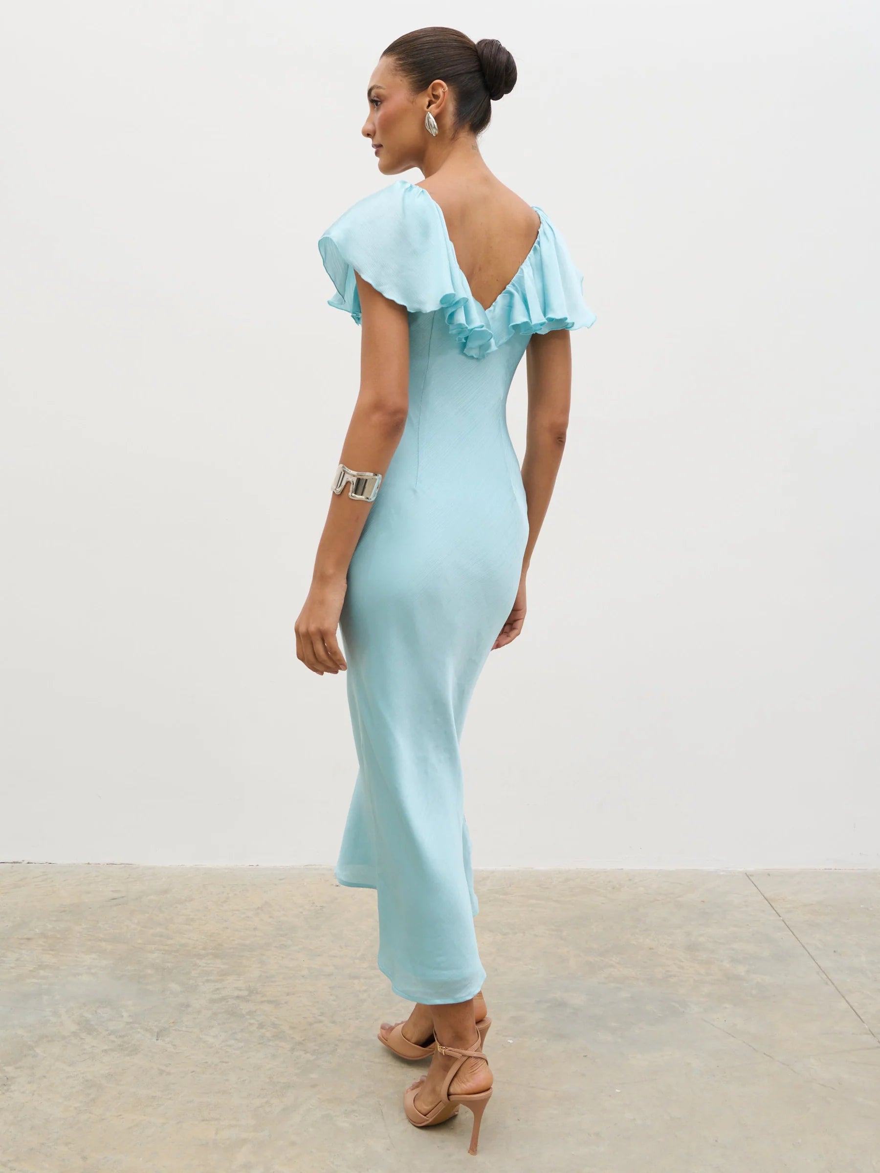Light Blue Satin Midi Prom Dress with Ruffled V Neckline and Fitted Silhouette for Formal Events and Bridal Occasions