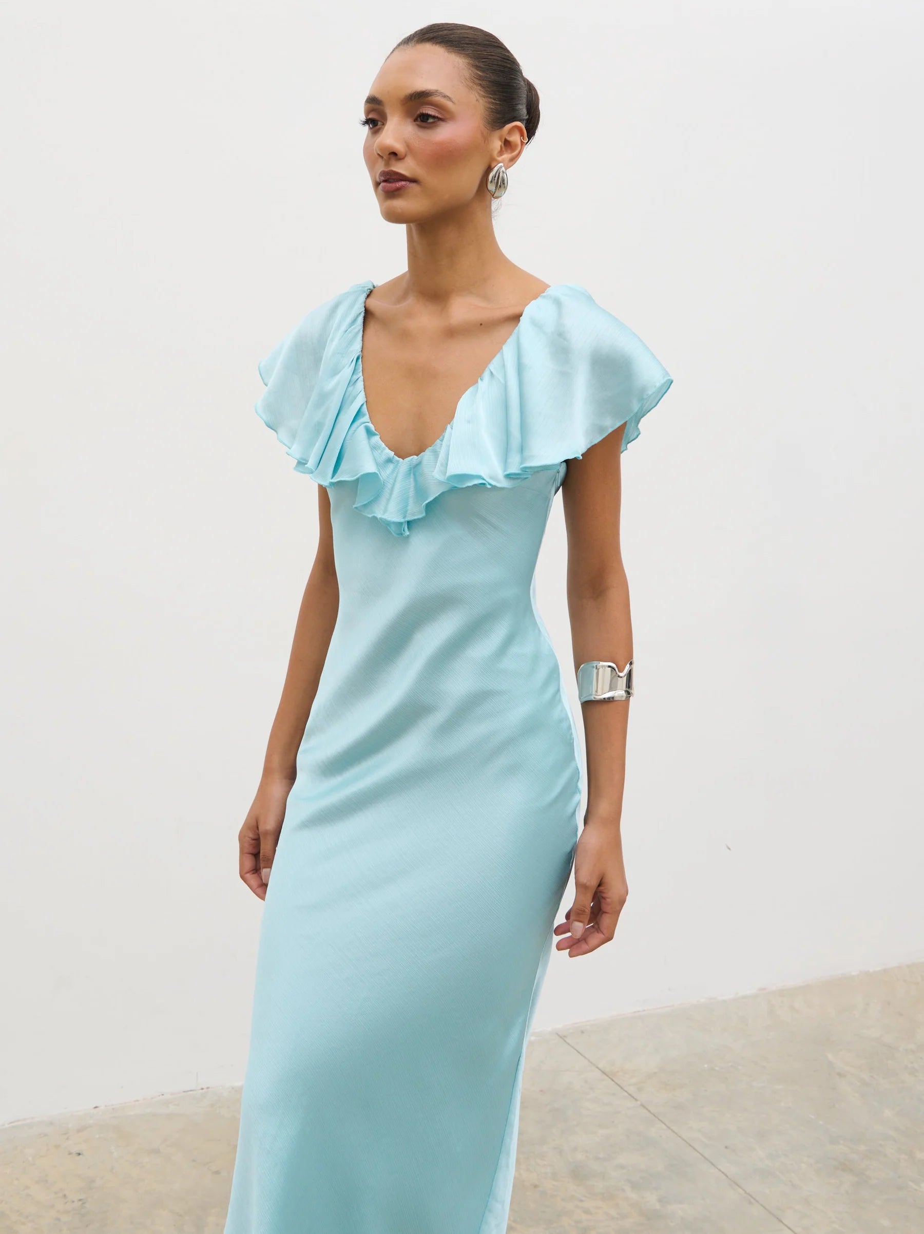 Light Blue Satin Midi Prom Dress with Ruffled V Neckline and Fitted Silhouette for Formal Events and Bridal Occasions