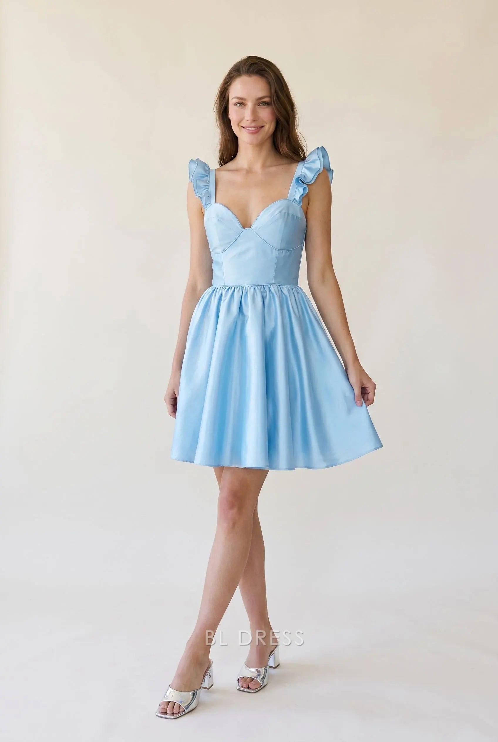 Light Blue Satin Sweetheart V Neck Ruffle Trim Shoulder Straps Gathered Waist A Line Mini Homecoming Dress
