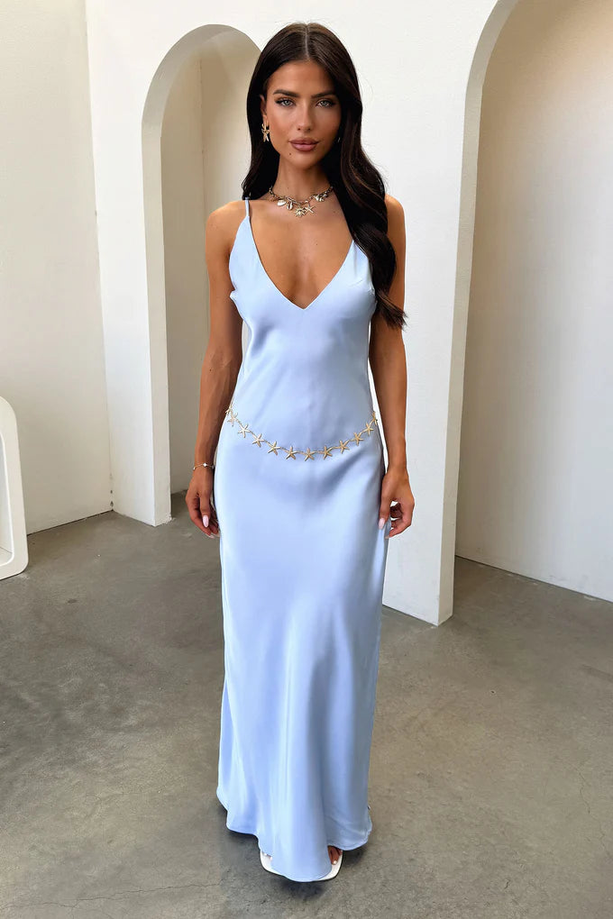 Light Blue Satin V-Neck Slit Satin Dress with Star Accents for Evening Party Date
