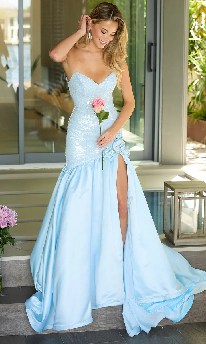 Light Blue Sequin Off-the-Shoulder Mermaid Long Evening Gowns with Floral Embroidery