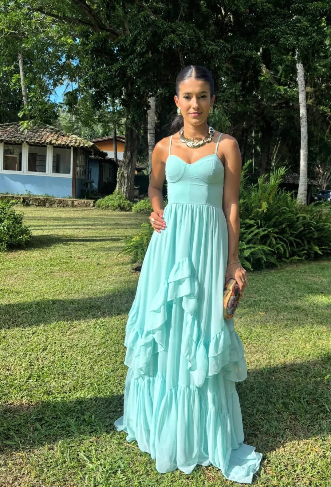 Light Blue Spaghetti Strap Prom Dress With Tiered Ruffle Skirt Chiffon Formal Prom Dress