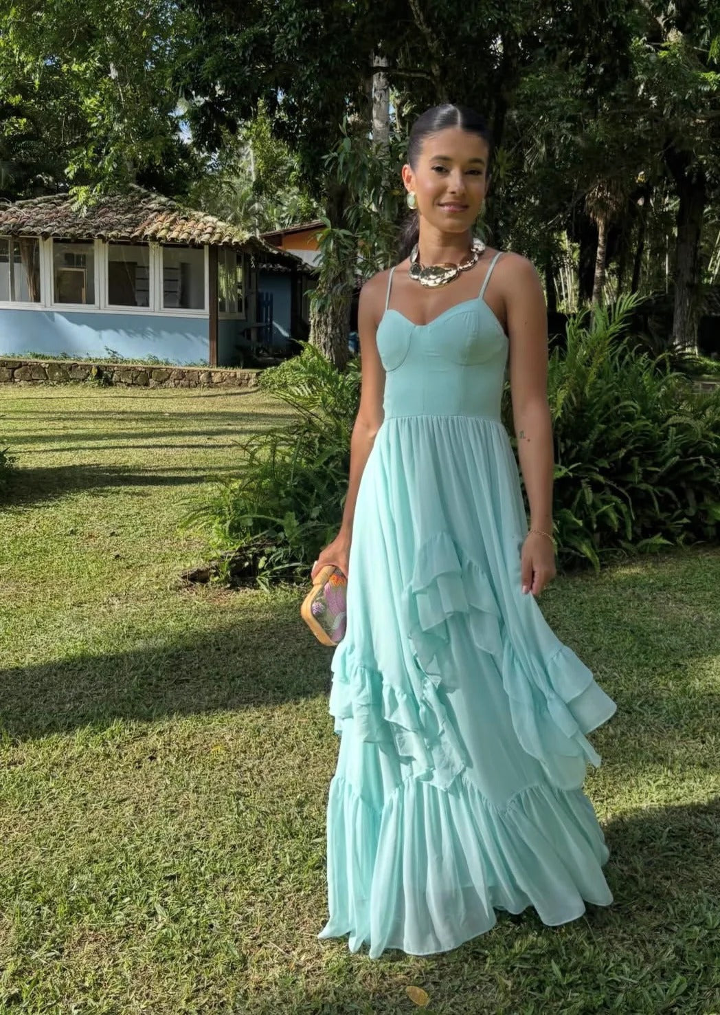 Light Blue Spaghetti Strap Prom Dress With Tiered Ruffle Skirt Chiffon Formal Prom Dress