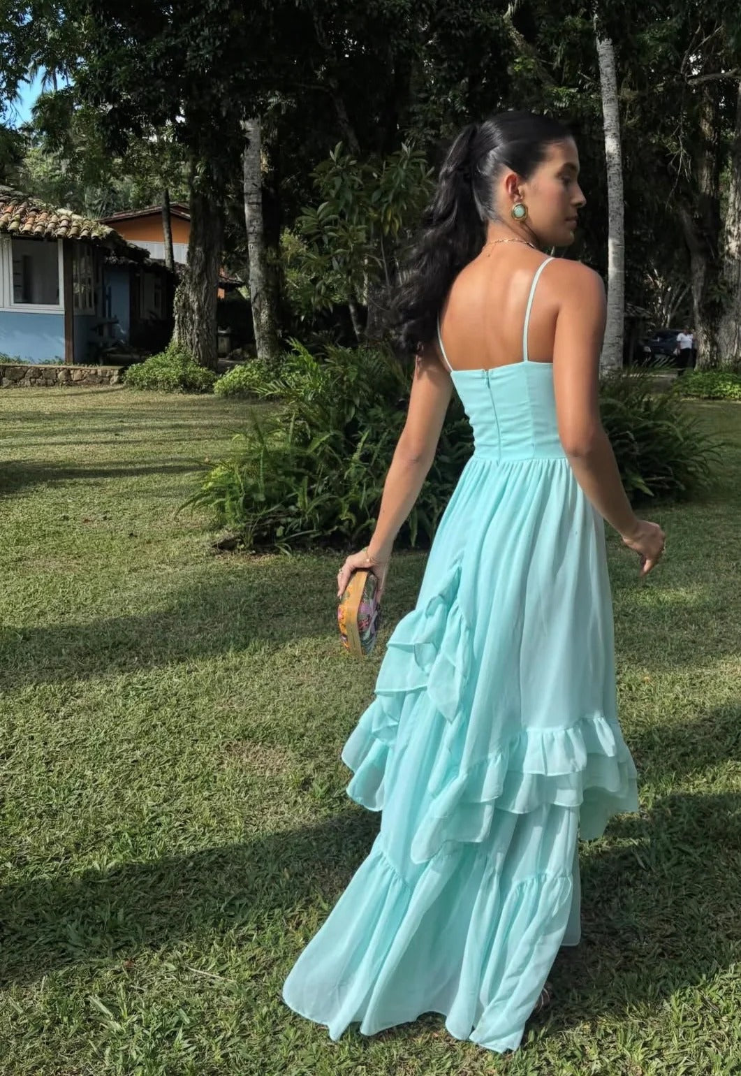 Light Blue Spaghetti Strap Prom Dress With Tiered Ruffle Skirt Chiffon Formal Prom Dress