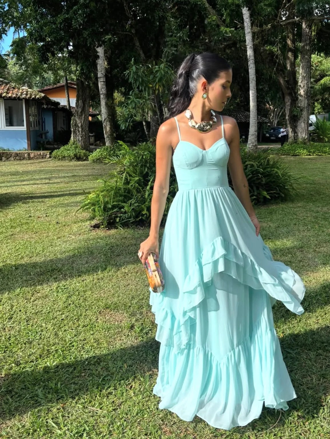 Light Blue Spaghetti Strap Prom Dress With Tiered Ruffle Skirt Chiffon Formal Prom Dress
