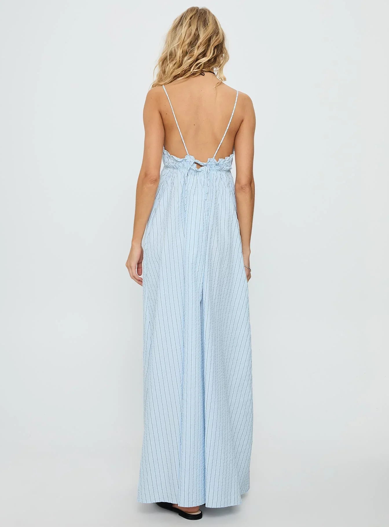 Light Blue Spaghetti Strap Prom Dress with Striped Print and Open Back for Formal Events and Prom Nights