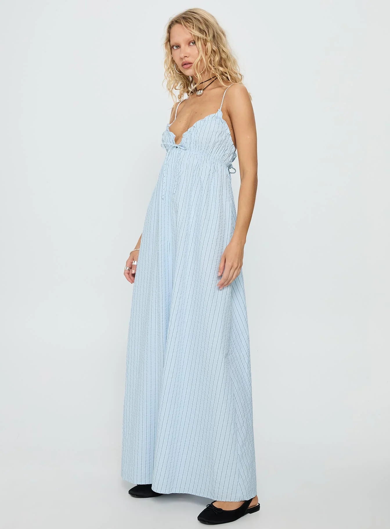 Light Blue Spaghetti Strap Prom Dress with Striped Print and Open Back for Formal Events and Prom Nights