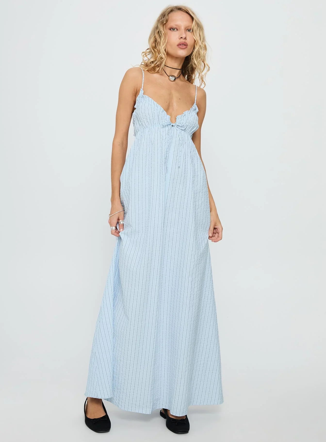 Light Blue Spaghetti Strap Prom Dress with Striped Print and Open Back for Formal Events and Prom Nights