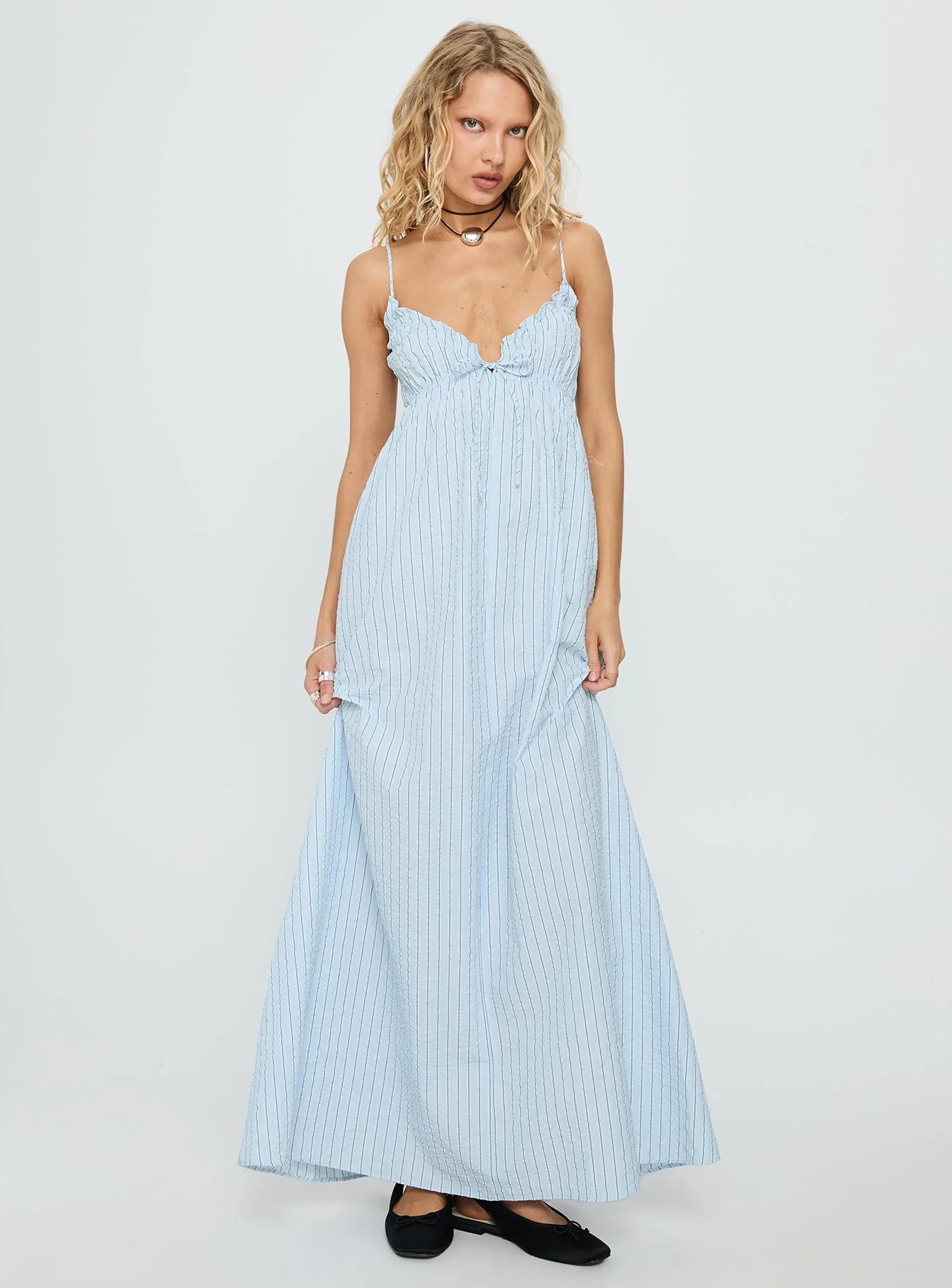 Light Blue Spaghetti Strap Prom Dress with Striped Print and Open Back for Formal Events and Prom Nights