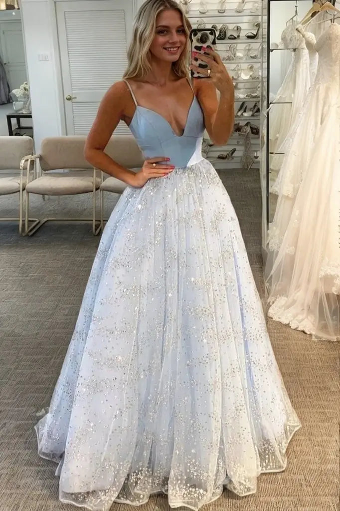 Light Blue Spaghetti Strap Sequin Ball Gown Prom Dress with Corset Back for Formal Events and Prom Nights
